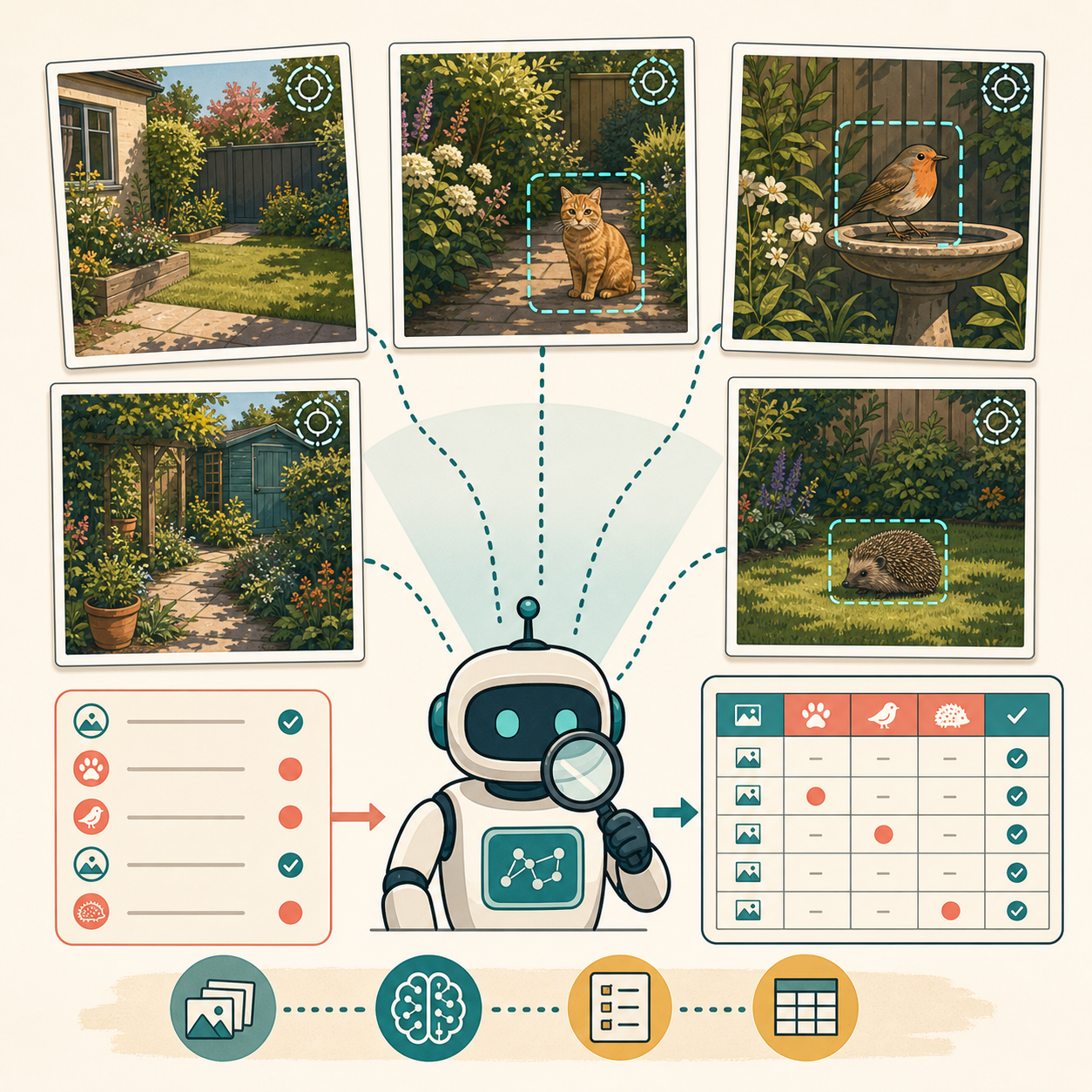 Generated Animal Patrol garden photo auditing illustration
