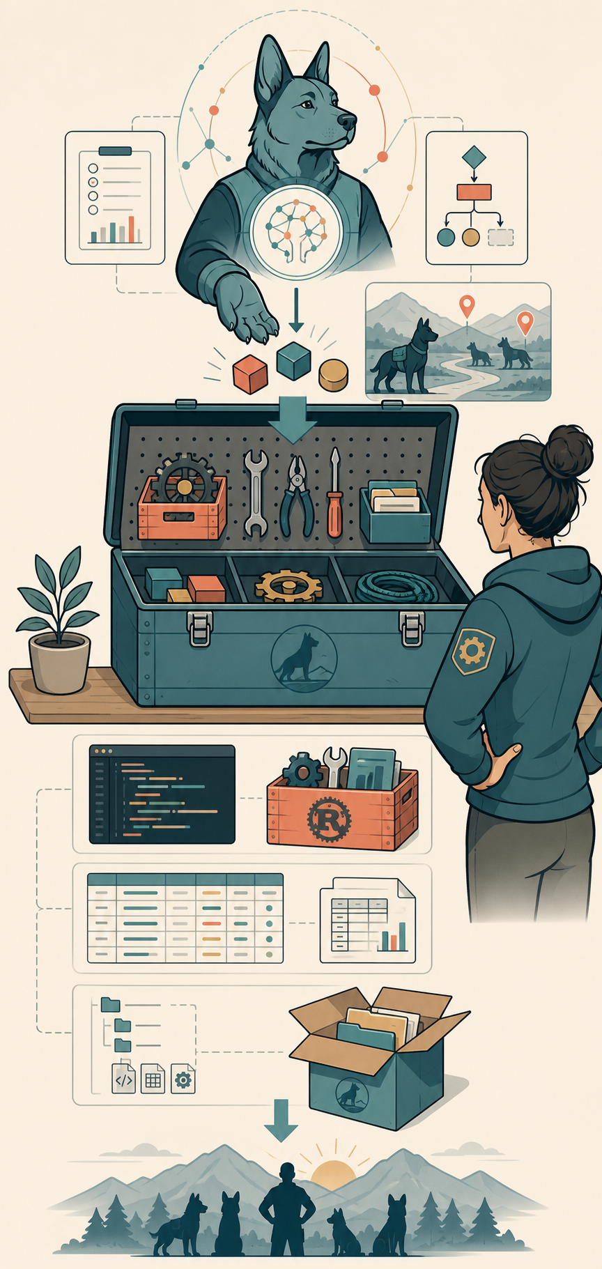 Generated illustration of an AI workflow handing repeatable work into an owned toolbox, records, code, and a shareable package