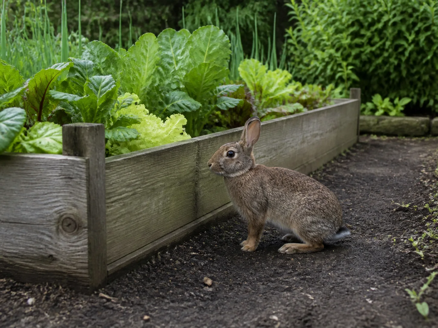 Synthetic garden image showing one rabbit beside a raised vegetable bed